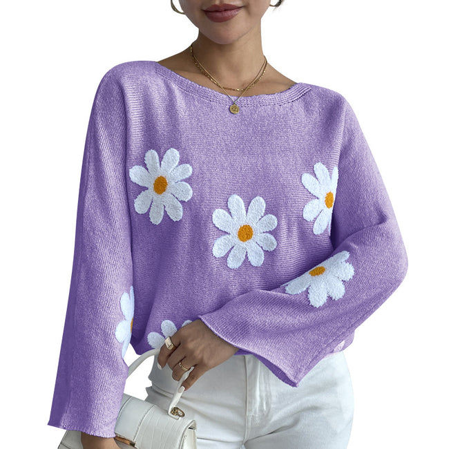 Sweet Flowers Loose Knitted Sweater For Women Main Image