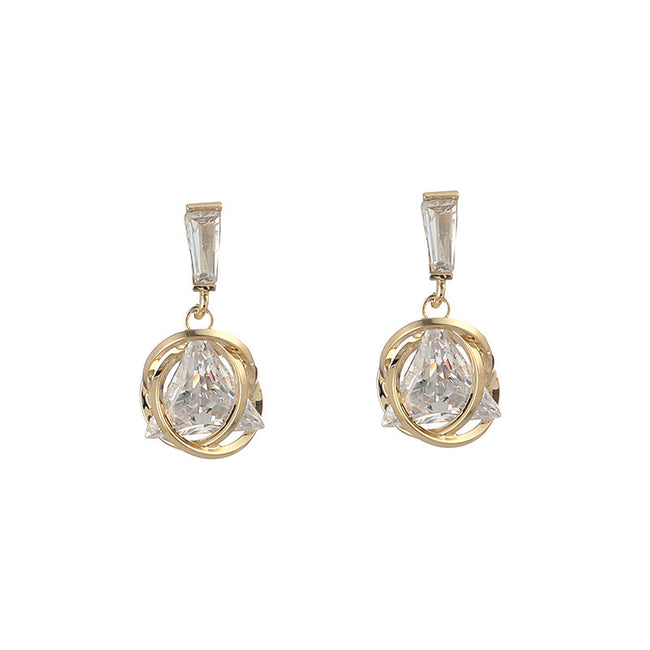 Exquisite Triangular Zircon Pendant Earrings Round Cross Gold Color Ear Stud Women Wedding Party Jewelry Gift Main Image