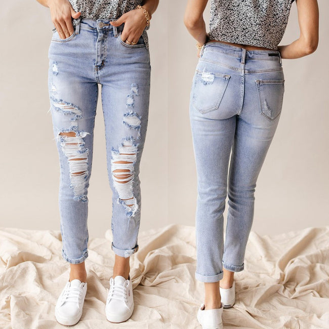 European And American Spring And Summer Leisure Fashion Holes High Waist Jeans For Women Hover Image