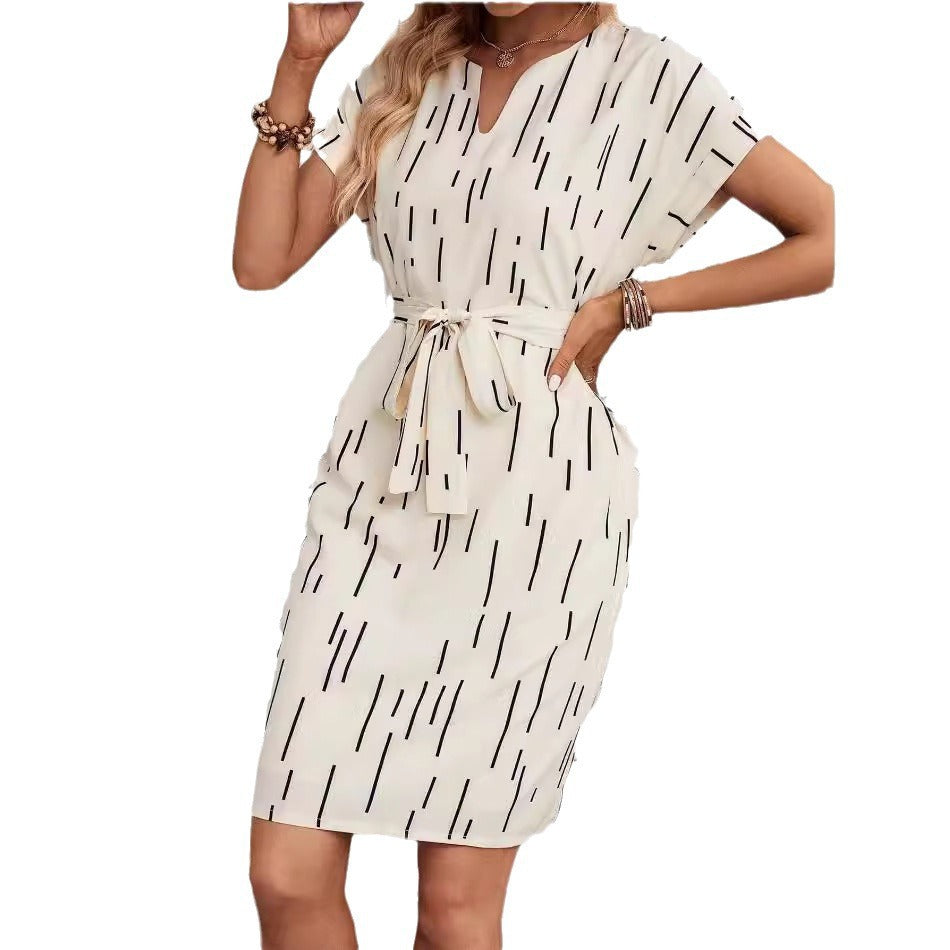 Women's Full Print Slotted Neckline Batwing Sleeve Belt Dress