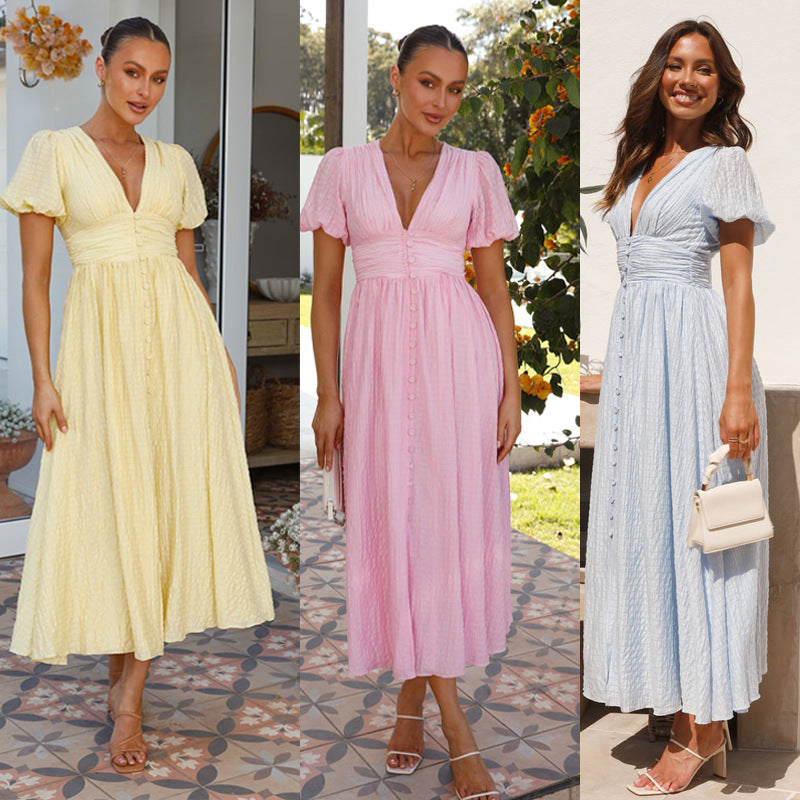 V-neck Short-sleeved Dress With Slim-waisted Design Summer Fashion Puff Sleeve Long Dress For Women Clothing