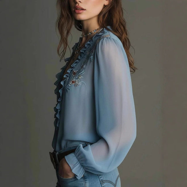 Embroidered Ruffle-Trimmed Zipper Chiffon Shirt For Women Main Image