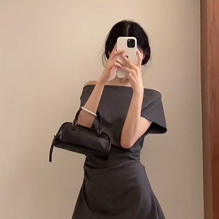 Gray High-grade Off-neck Short Sleeve Dress