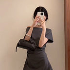 Gray High-grade Off-neck Short Sleeve Dress