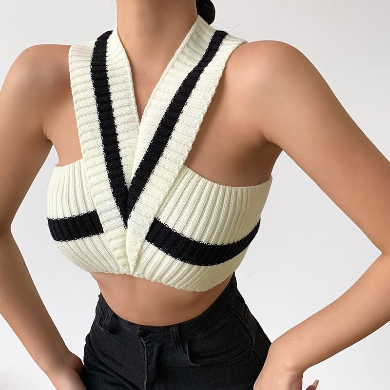 V-neck Knitted Vest Striped Halter Midriff-baring Top Women