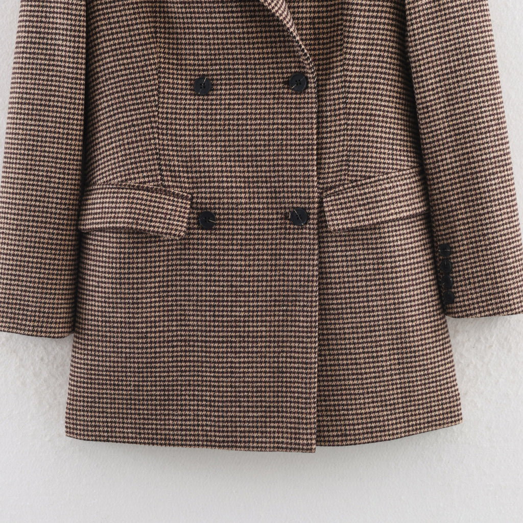 Womens Mid-Length Double-Breasted Houndstooth Blazer