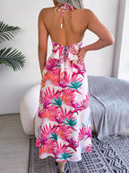 Women Floral Print Sleeveless Cutout Slip Maxi Beach Vacation Dress