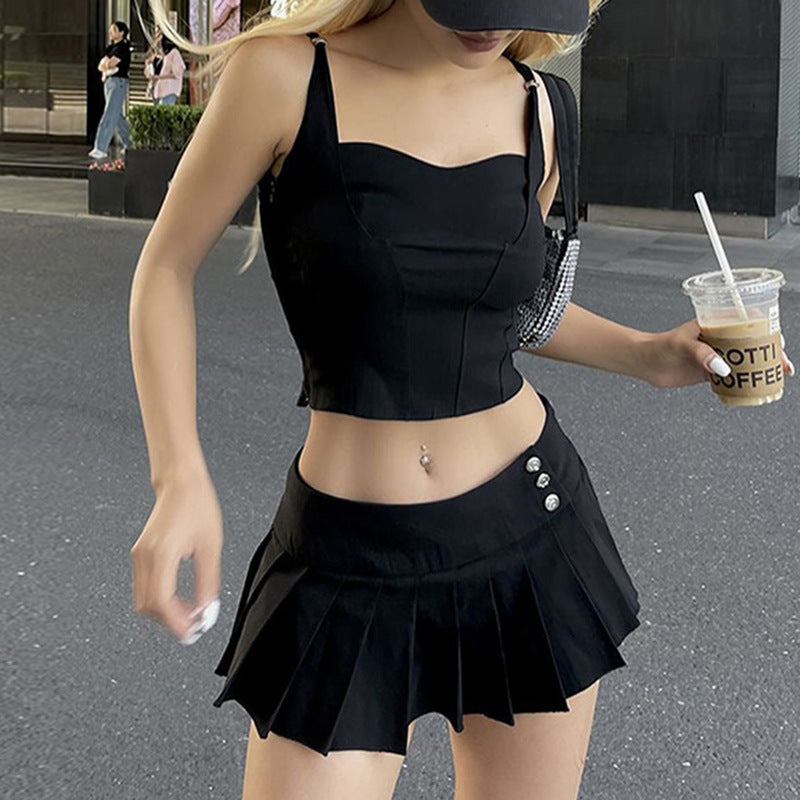 Fashion Y2g Hot Girl Style Solid Color Pleated Skirt Suit Two-piece Set