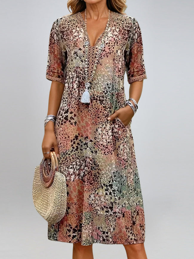 Summer V-neck Half-sleeved Dress With Pockets Fashion Ethnic Print Dresses Beach Holiday Clothing For Women Main Image