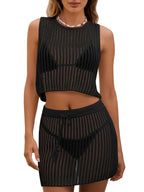 Fisoew Womens 2 Piece Crochet Sets Sleeveless Crop Tops Cover Up Beach Mini Skirt Outfits Vacation Sets