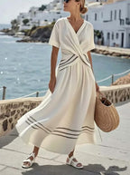 Casual Loose Retro Striped Print Holiday Dress Summer Short Sleeve V Neck Robes Dress Boho Beach Pleated A-Line Long Dress Woman