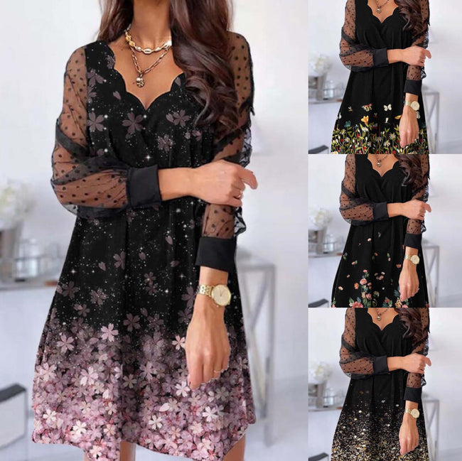 Casual Lace Long Sleeve Wave V-neck Dress Main Image
