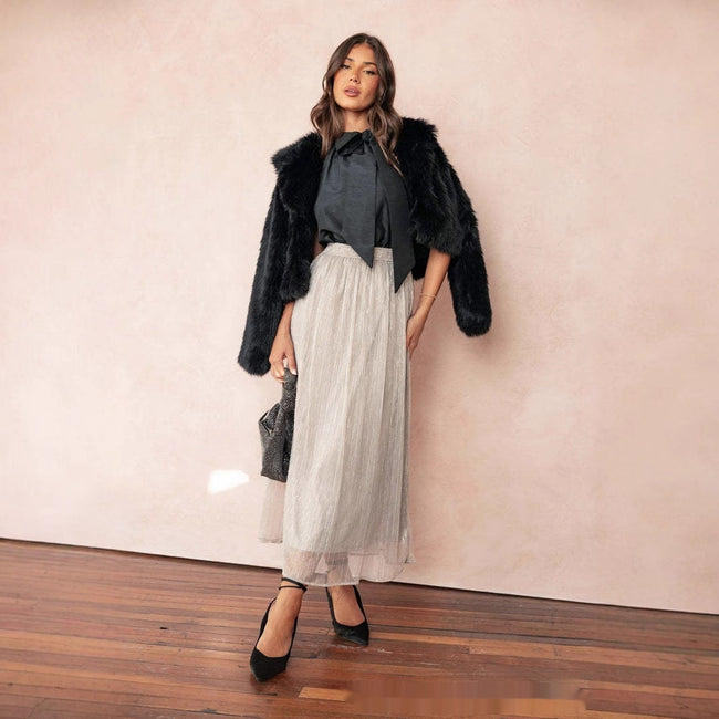 Solid Color Streamer Yarn Skirt Women's Summer High Waist Slimming A- Line Bright Silk Skirt French Style Hover Image