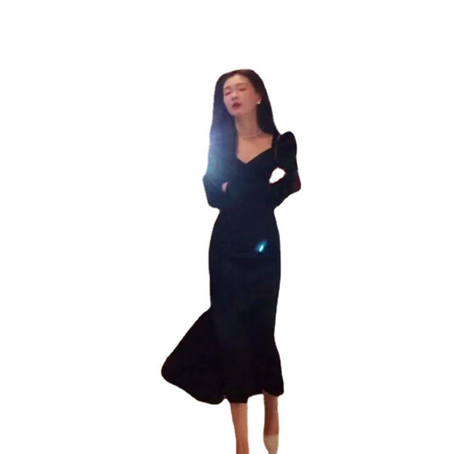 Women Fashionable Temperament Gold Velvet Dress Main Image