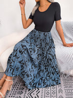 Women   Casual Leaf Print High Waist Pleated Midi Dress