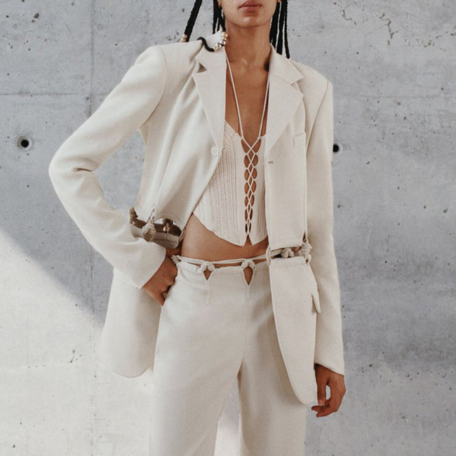 Woven Stitching Statement One-button Cropped Blazer Pants Hover Image