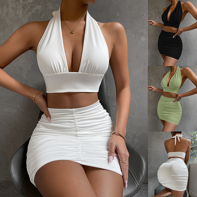2pcs Dress Suits For Women Halter Lace-up Hip Top And Pleated Hip-covering Skirt Hover Image
