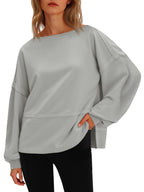 Fisoew Womens Casual Crewneck Sweatshirts Lantern Long Sleeve Side Slit Loose Sweatshirt Fall Crop Pullover Tops