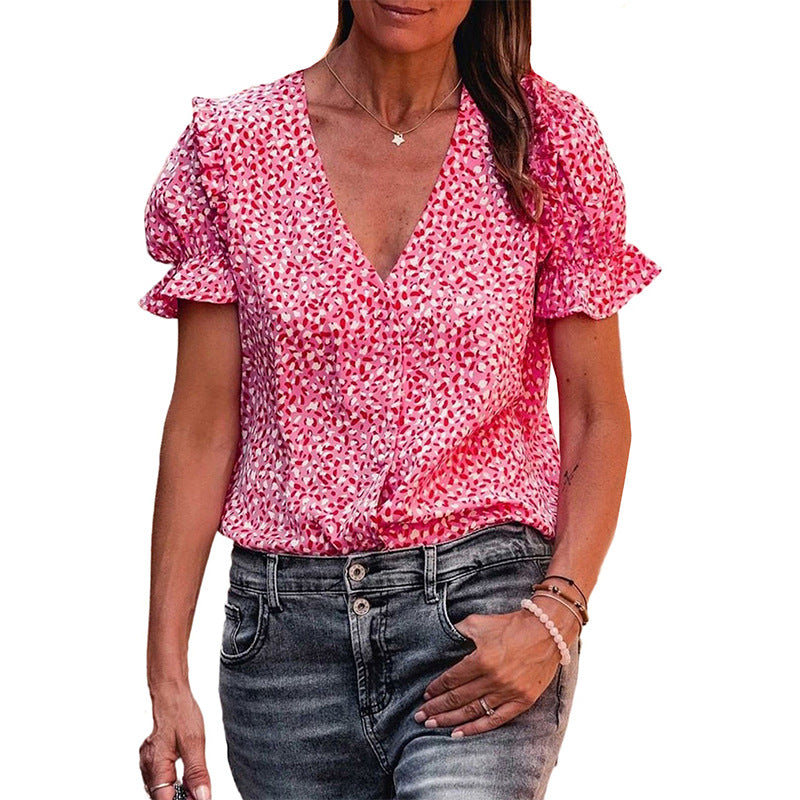 Printed Slim Shirt Women's Ruffled Low V-neck Shirt Women