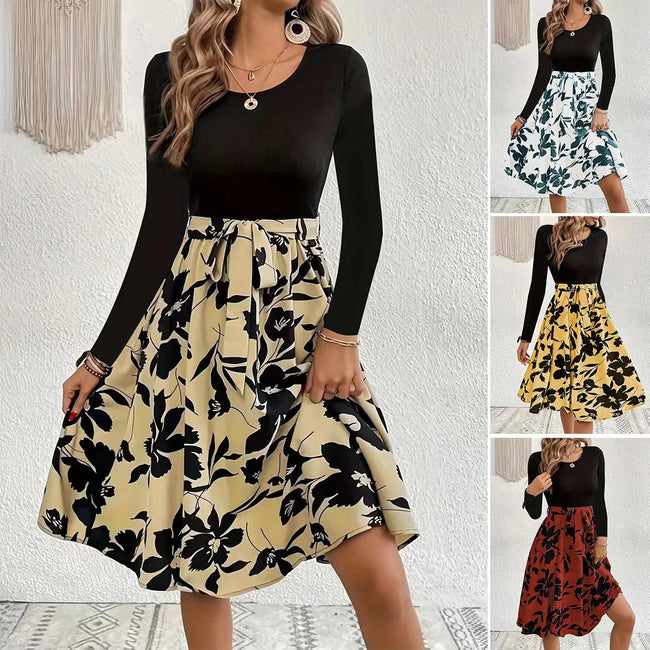 Floral Print Long Sleeve Dress Fashion Round Neck Tie Slim Dress Women's Clothing Hover Image