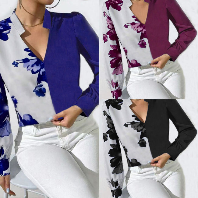 Printed Blouse V-neck Long Sleeve Women's Blouse Hover Image