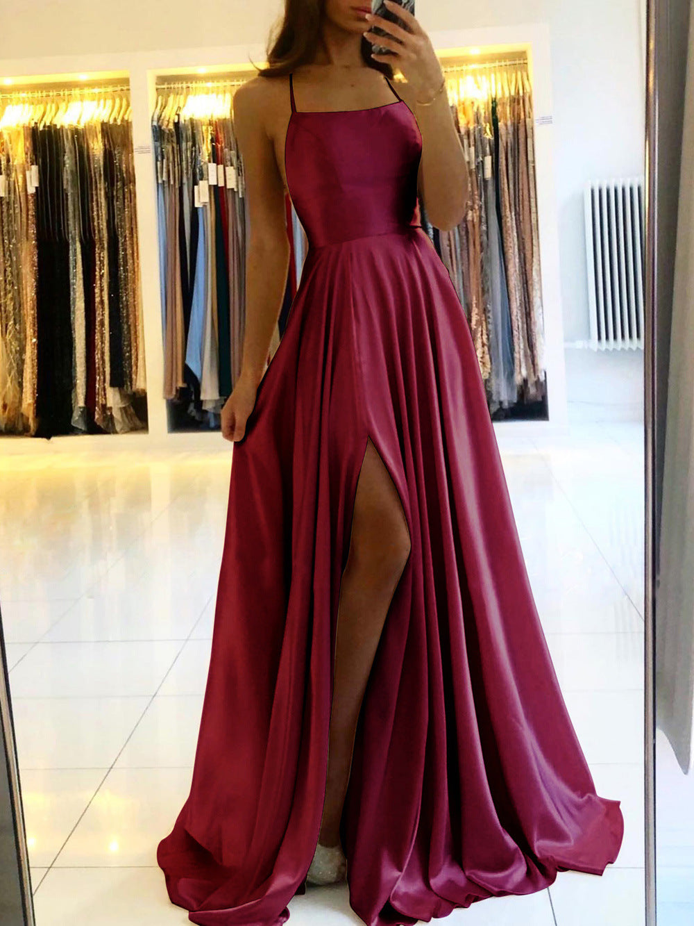 Amazon Long European And American Style Dress Slim Strap Back-to-back Dress High Slit Dance Host Dress