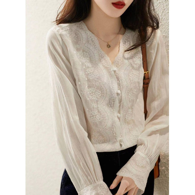Fashion New V-neck Retro Cotton And Linen Inner And Outer Wear Shirt Women Main Image