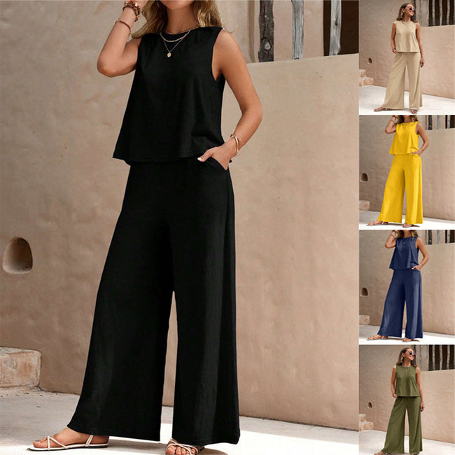 Solid Color Casual Loose Pants Sets For Women Elegant Spring Summer Women's Two Pieces Suit Full Trouser Set Female Outfit Clothes Hover Image