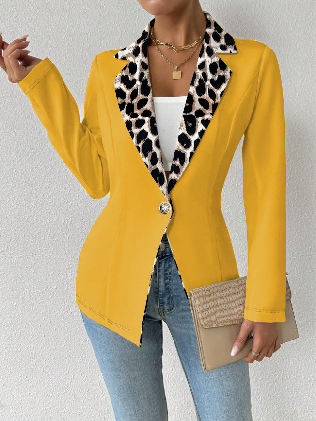 Womens Elegant Leopard-Print Long-Button Printed Blazer
