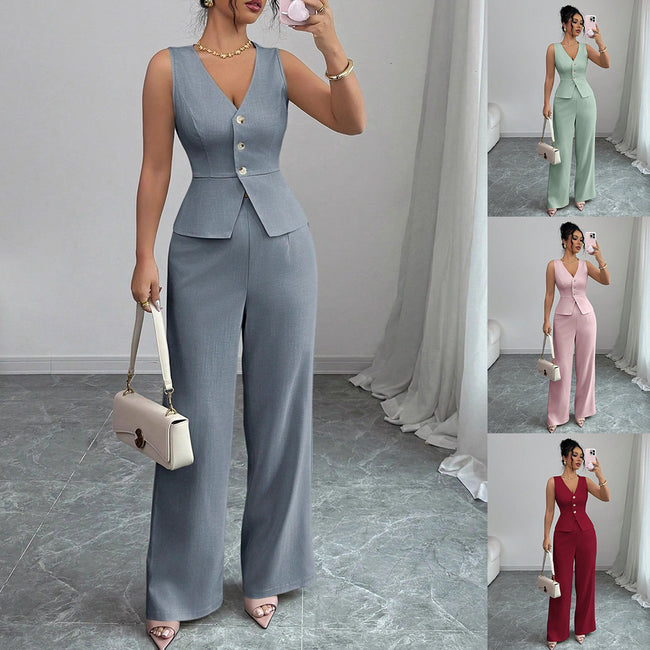Summer Sleeveless Suit Slim V-neck Vest And High Waist Trousers Women's Two-piece Set Hover Image