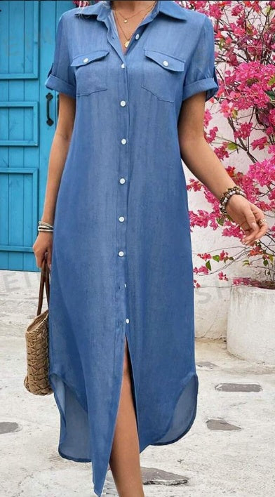 Women Summer Denim-Look Longline Shirt Dress Hover Image