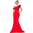 Missord Women Sexy One Shoulder Ruffles Evening Party Dress Solid Color Celebrity Maxi Dress Slash Neck Women Dress FT19938-2