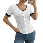Slim-fit Knit Womens Clothing Contrast-color Womens Short Sleeves