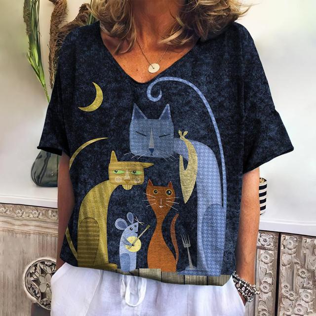 New Ladies T-Shirts Summer Short Sleeve Tops Kitten Graphics Hover Image