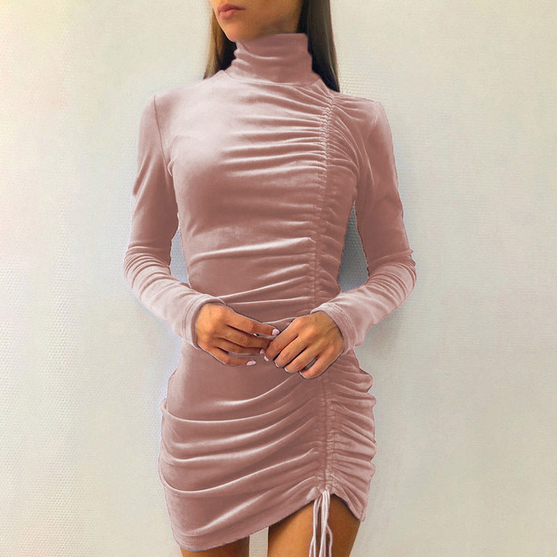 Suede Drawstring High Neck Dress Women
