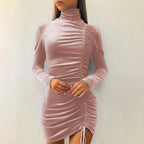 Suede Drawstring High Neck Dress Women