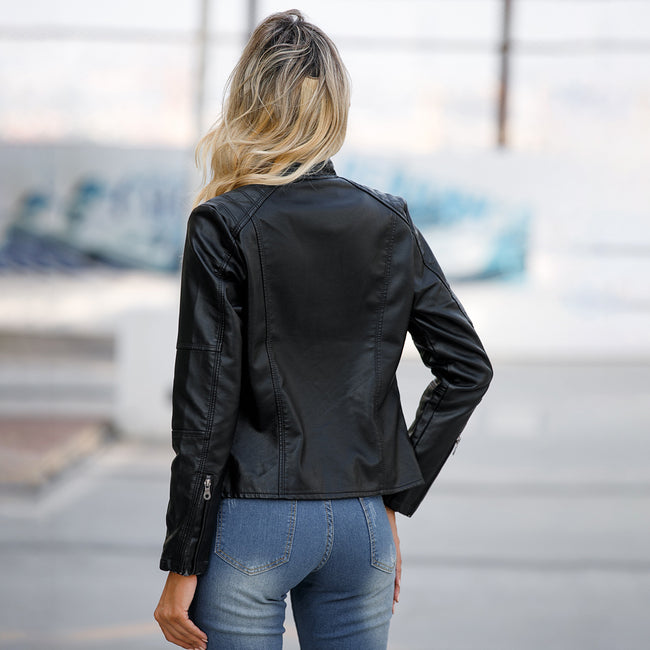 Women's Zip-up Leather Jackets Fashion Solid Color Pockets Stand Collar Top Outwear Clothing Main Image