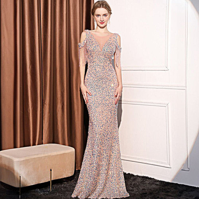 Sequin Long Slim Slimming Fishtail Dress Hover Image