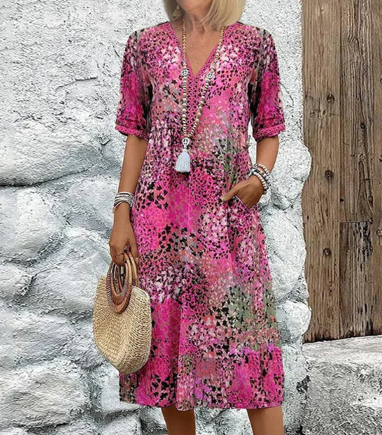 Summer V-neck Half-sleeved Dress With Pockets Fashion Ethnic Print Dresses Beach Holiday Clothing For Women Hover Image