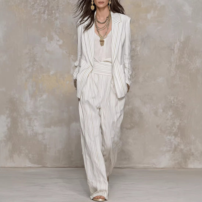 Womens Stylish And Elegant Striped Long-Sleeve Blazer And Pants Suit Set Hover Image