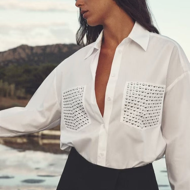 Street Trendy Rivet Ornament Loose Long Sleeve Shirt Women Hover Image