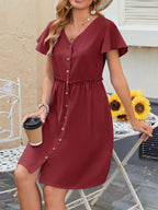 Button Butterfly Sleeve Cotton Linen With Pocket Beach Dress
