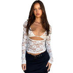 Womens Sheer Lace Camisole Lingerie Two-Piece Set With Long-Sleeve Top