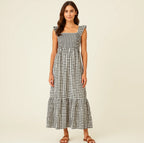 Summer Plaid Print Pleated Ruffle Dress INS Fashion Sleeveless A-line Swing Beach Dress Women's Clothing