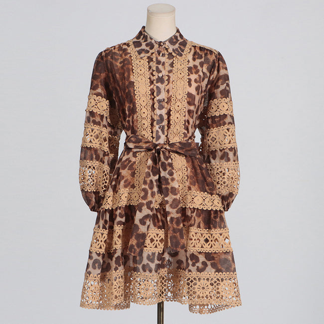 Long Sleeve Hollow Leopard Print Dress Women Main Image