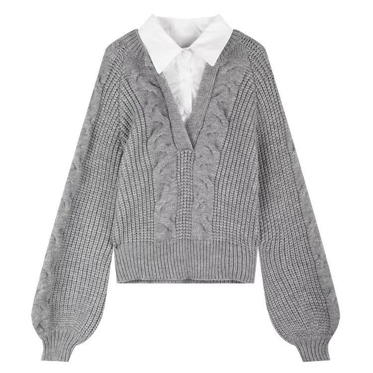 False Two-piece Patchwork Shirt Sweater Women