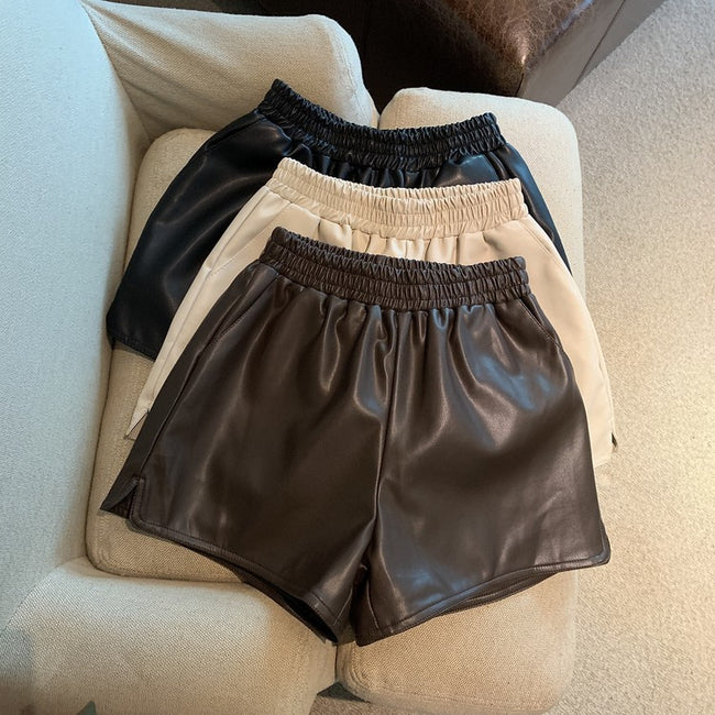 Pu Leather Shorts Women High Waist Loose Split Casual Pants Hover Image