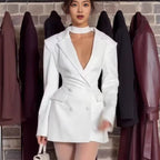 Deep-V Long-sleeved Bloom-shaped Waist-cinched Slim-fit Midi Blazer For Women