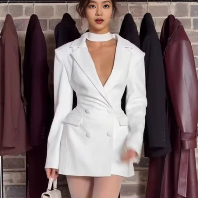 Deep-V Long-sleeved Bloom-shaped Waist-cinched Slim-fit Midi Blazer For Women Main Image