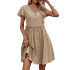 Button Butterfly Sleeve Cotton Linen With Pocket Beach Dress